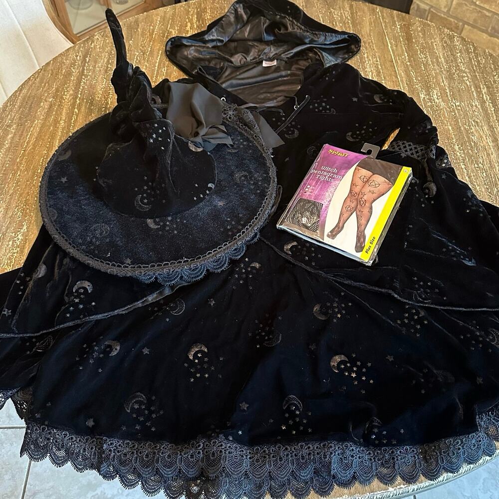 Celestial Witch 3-Piece Bundle Velvet Hat Hooded Dress Halloween Women’s Size XL